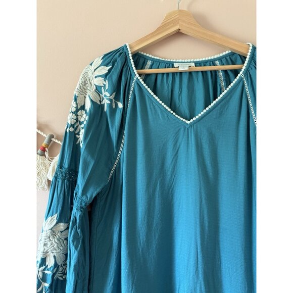 Sundance Teal Embroidered Floral Naomi Isles Top Boho Peasant Feminine Cottage S - Picture 5 of 9